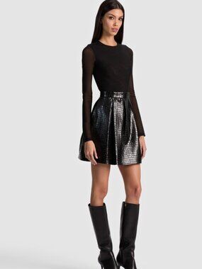 Alice + Olivia Chara Mixed Media Mesh Pleated Croc Vegan Leather Dress 6
